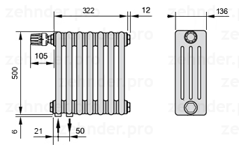 Схема (чертеж) Радиатор Zehnder Charleston 4050/7 №V001 Белый глянцевый RAL 9016